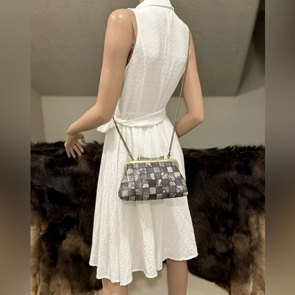 Handmade Embossed Leather Patchwork Bowknot Shaped Kisslock Clutch & 2 Straps - Picture 9 of 16